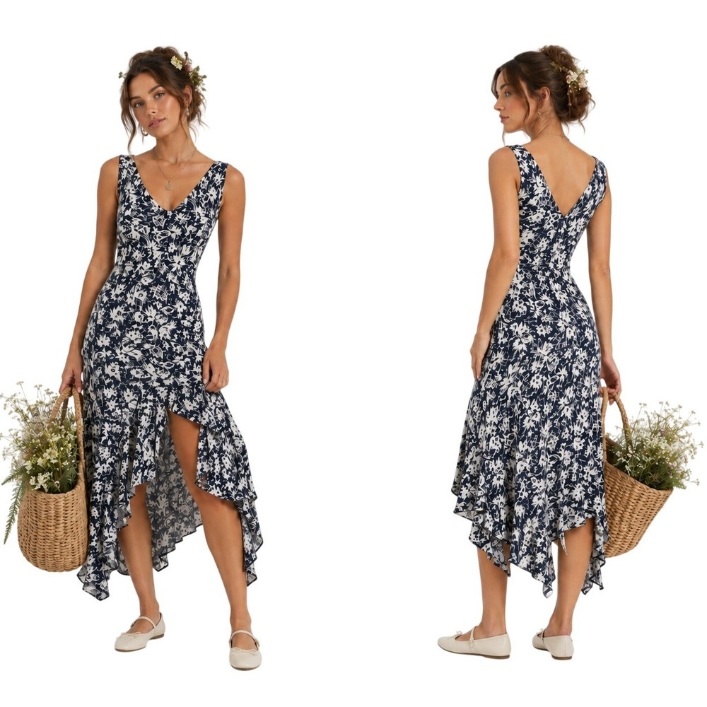 Vintage‎ Ralph Lauren Midi Dress Silk Asymmetric Navy Ivory Floral Cottagecore 4
